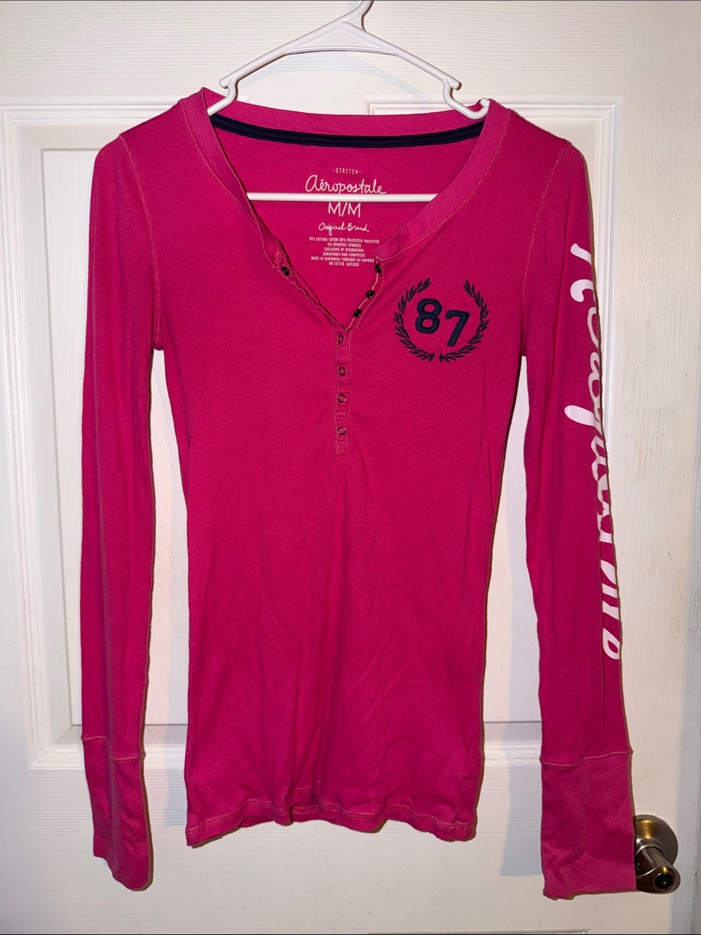Aeropostale Women's Long Sleeve Henley Top - Hot Pink with Navy Accent